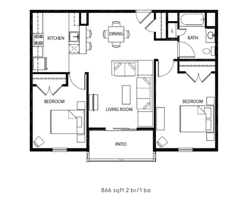 Floor plan for 2 beds, 1 bath, 920 sqft